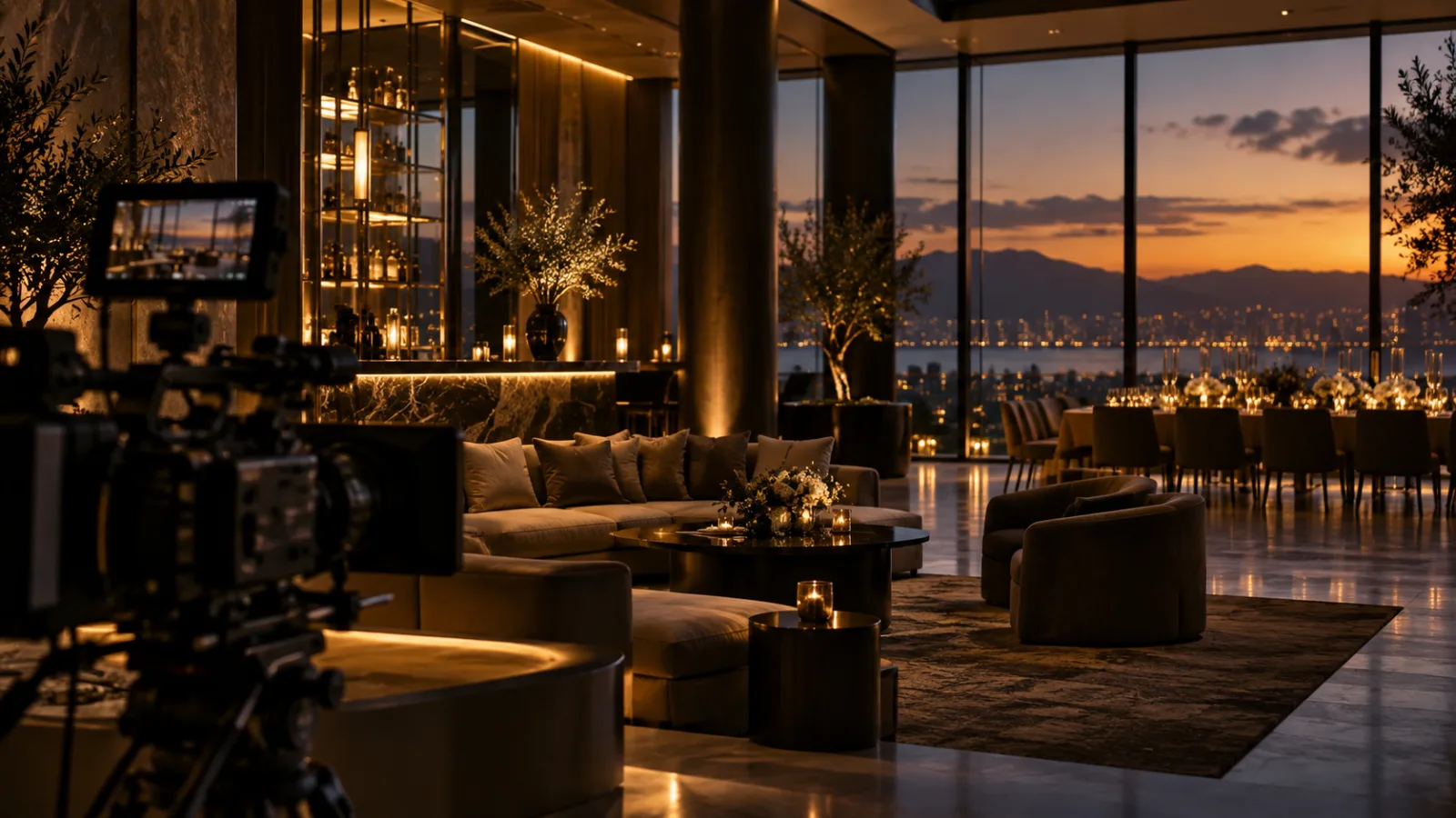 Cinematic camera in a warmly lit contemporary interior