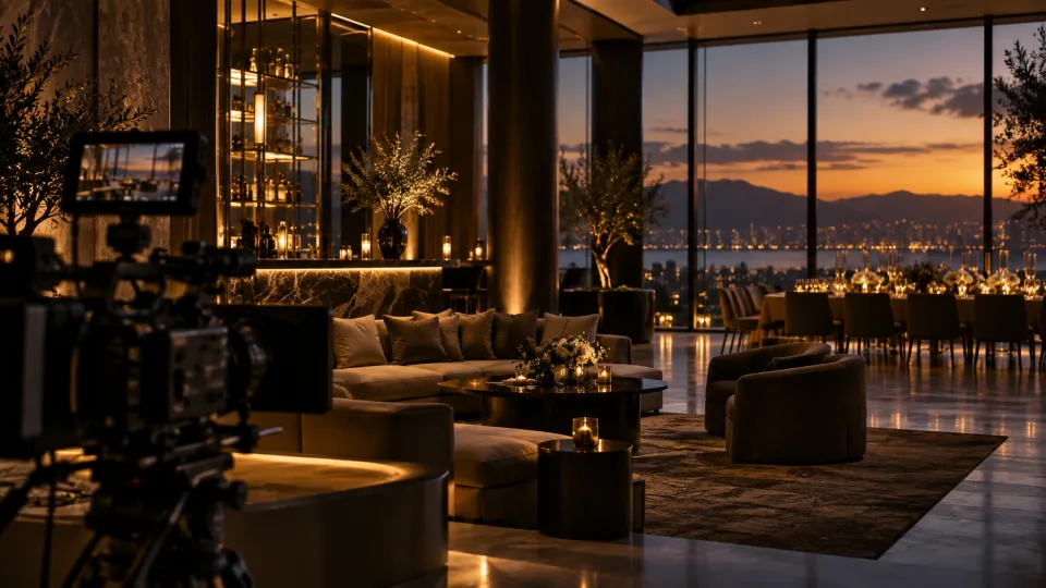 Cinematic camera in a warmly lit contemporary interior