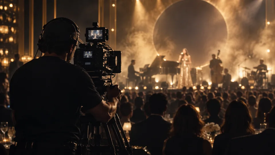 Cinematographer recording a warmly lit live performance