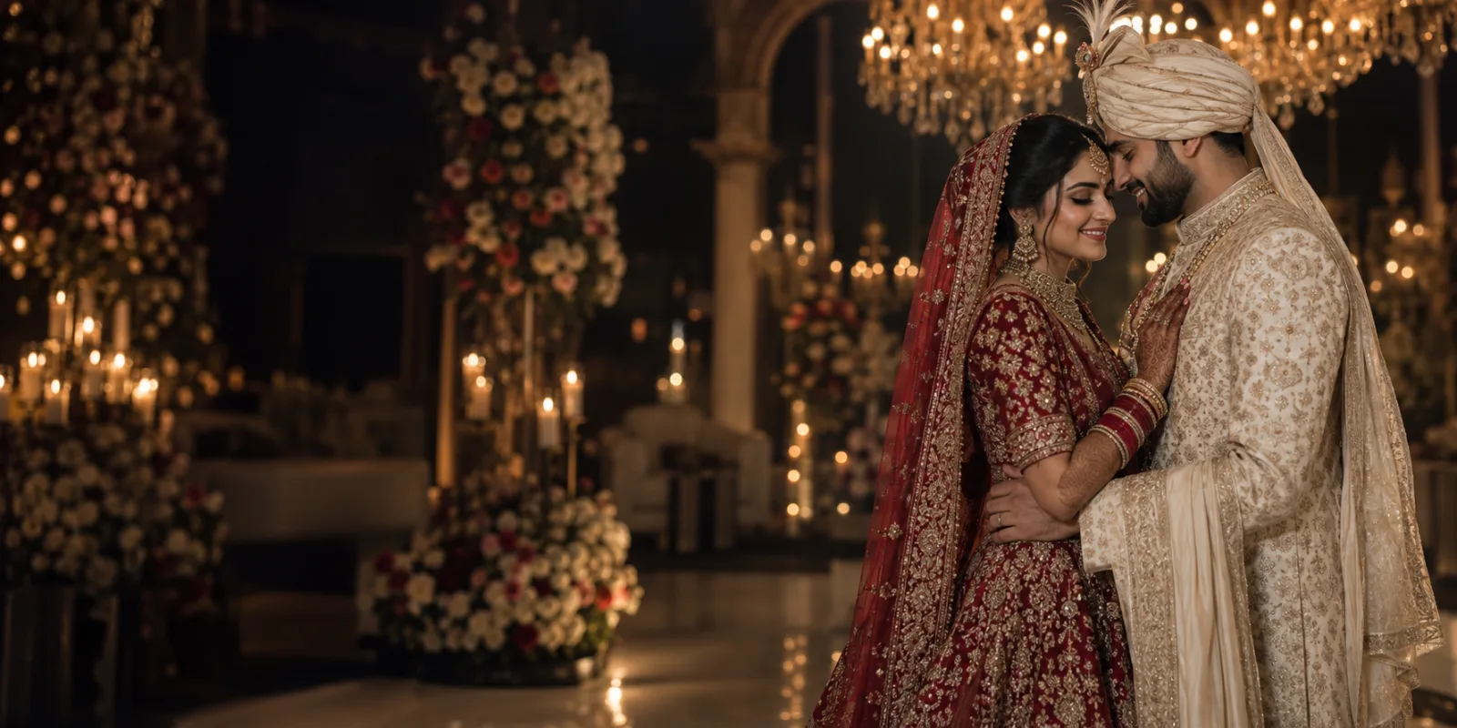 Indian wedding couple under warm chandeliers